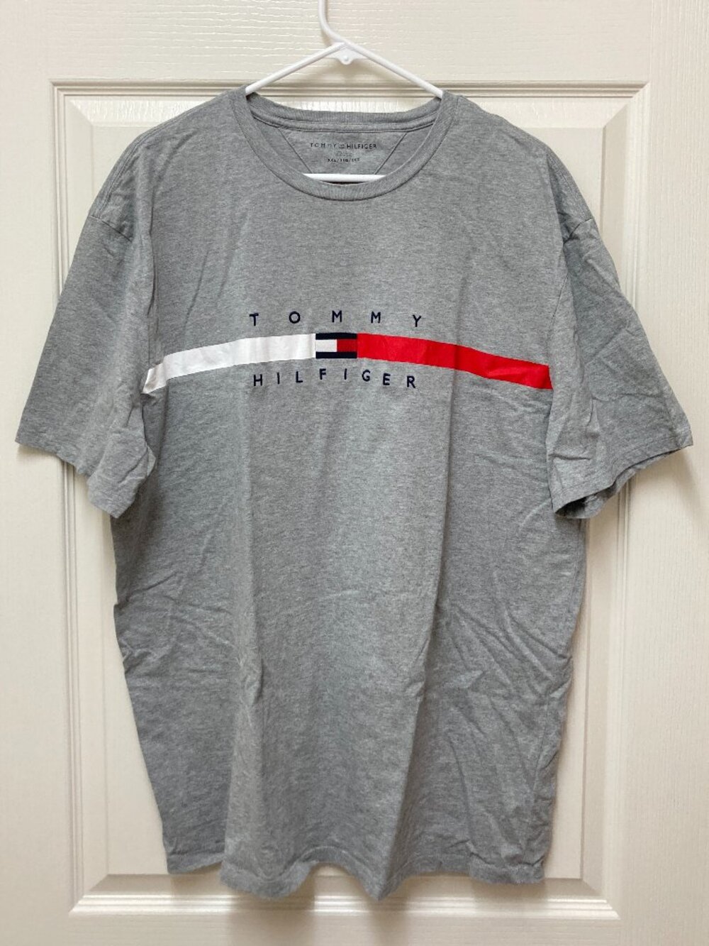 Men's XXL Tommy Hilfiger Short-Sleeve Gray Global Stripe Chest T-Shirt Like Tino